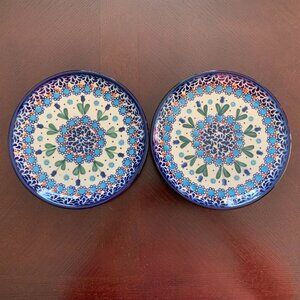 Two Polish Pottery "Blue Tulip Garden" 7" Plates by Ceramika Bona Boleslawiec